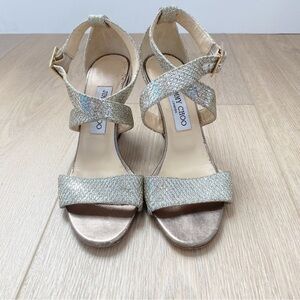 Jimmy Choo Silver Glitter Crisscross Wedge Sandals Size 36